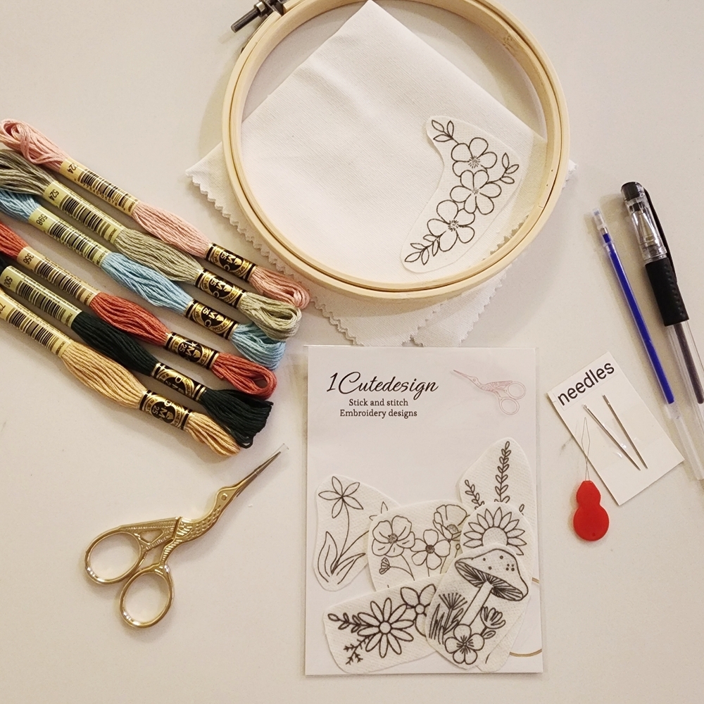 Embroidery kit with stick and stitch patterns